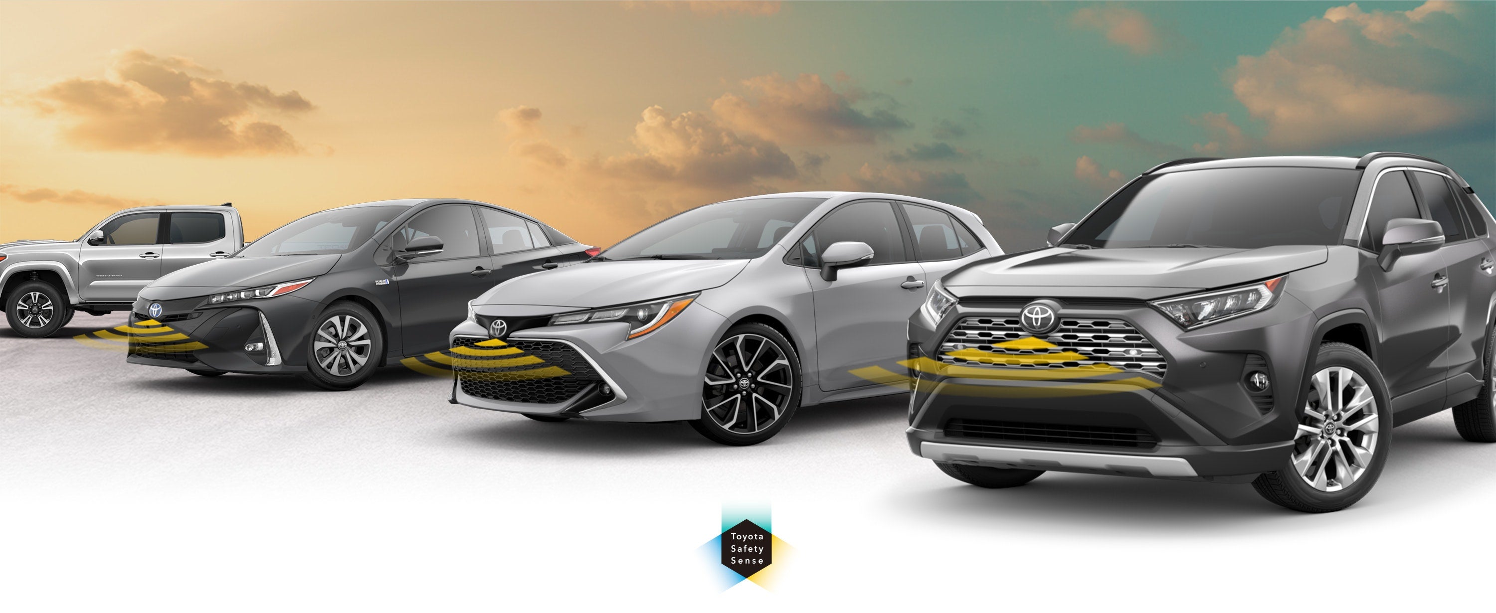 Toyota Safety Sense: Designed for Safety. Options shown on Toyota models including RAV4, Tacoma, and Camry, available now at Bob Rohrman Toyota in Lafayette IN.