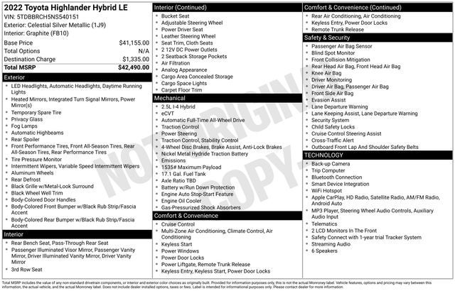 2022 Toyota Highlander Hybrid LE