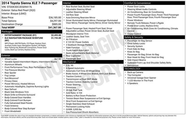 2014 Toyota SIENNA XLE 3.5L XLE 7 Passenger