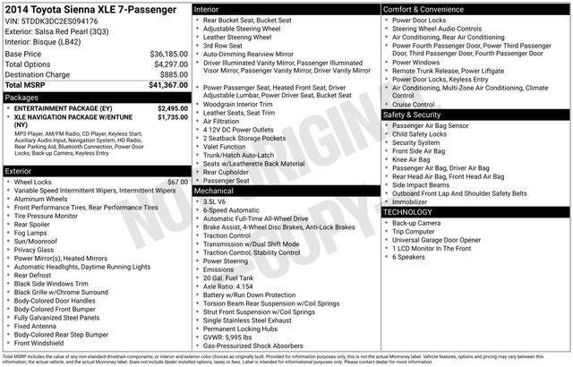 2014 Toyota SIENNA XLE 3.5L XLE 7 Passenger