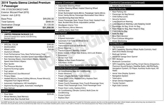 2019 Toyota Sienna Limited Premium 7 Passenger