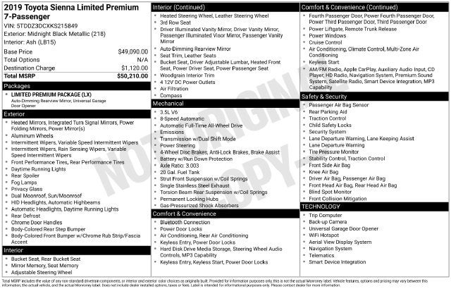 2019 Toyota Sienna Limited Premium 7 Passenger
