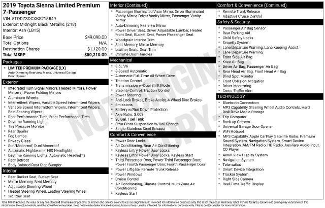 2019 Toyota Sienna Limited Premium 7 Passenger