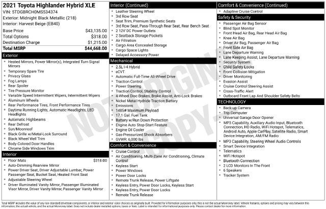 2021 Toyota Highlander Hybrid XLE