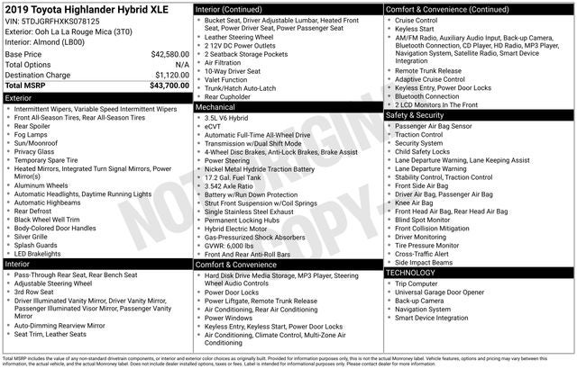 2019 Toyota HIGHLANDER HYBRD XLE