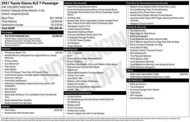 2021 Toyota SIENNA XLE AWD XLE 7 Passenger