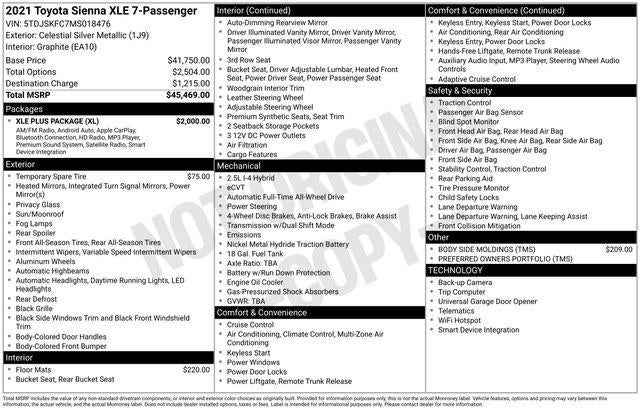 2021 Toyota SIENNA XLE AWD XLE 7 Passenger