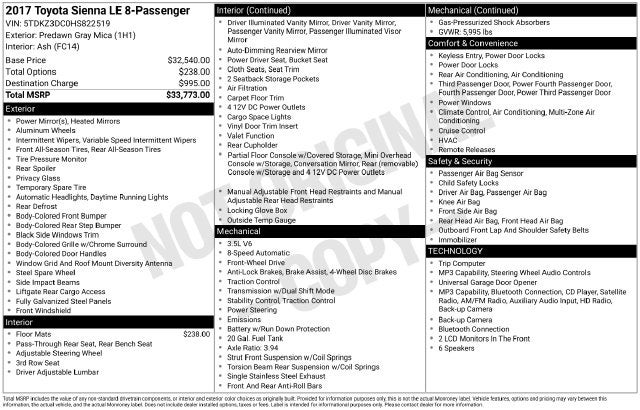 2017 Toyota Sienna LE 8 Passenger