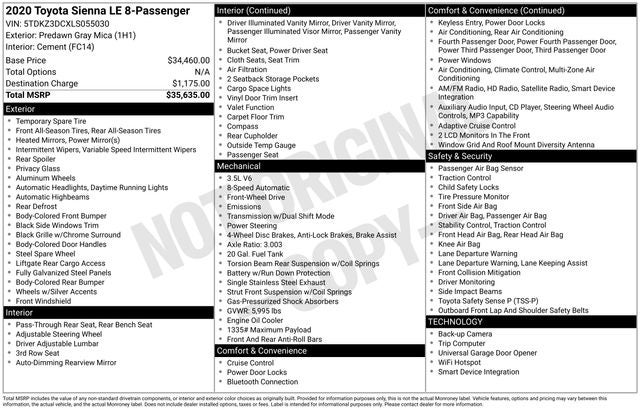 2020 Toyota SIENNA LE 3.5L LE 8 Passenger