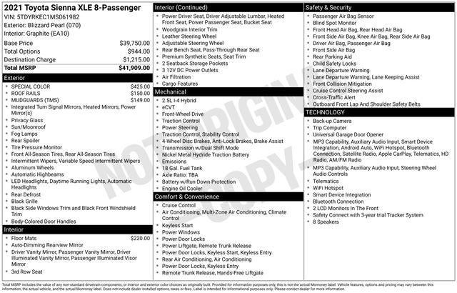 2021 Toyota SIENNA XLE XLE 8 Passenger