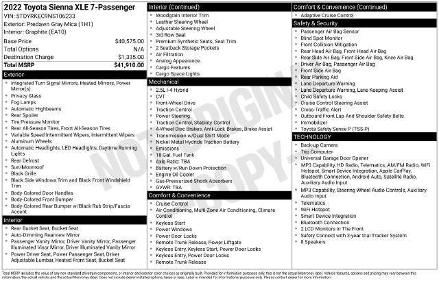 2022 Toyota Sienna XLE 7 Passenger