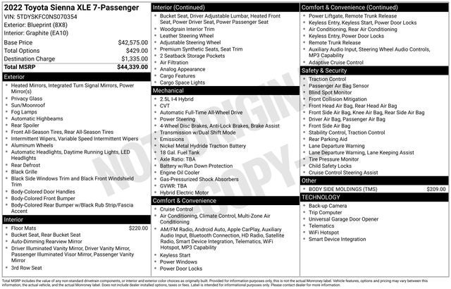 2022 Toyota SIENNA XLE AWD XLE 7 Passenger