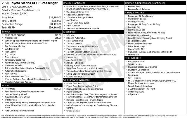 2020 Toyota Sienna XLE 8 Passenger