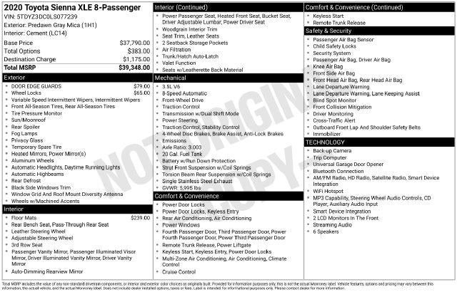 2020 Toyota Sienna XLE 8 Passenger