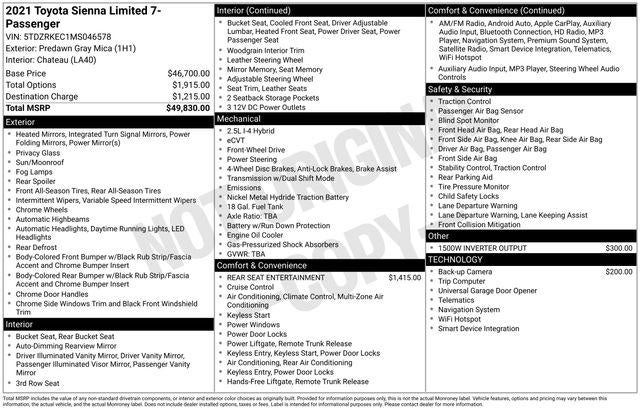 2021 Toyota SIENNA LIMITED Limited 7 Passenger