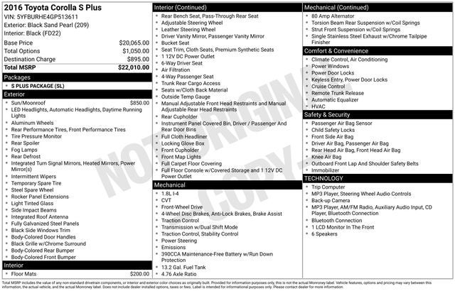 2016 Toyota COROLLA S Plus