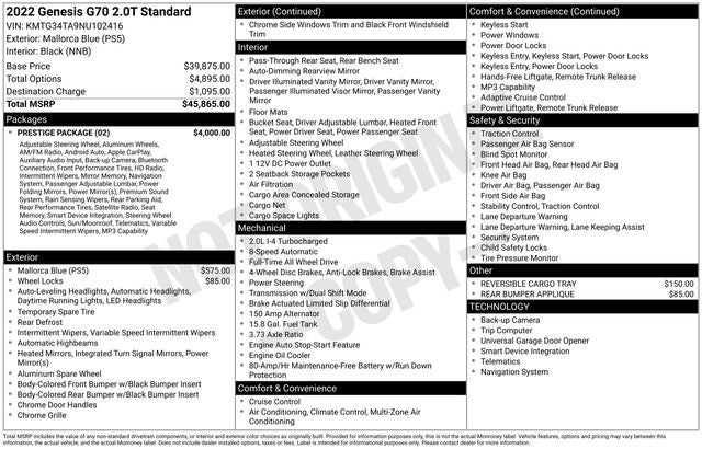2022 Genesis G70 2.0T